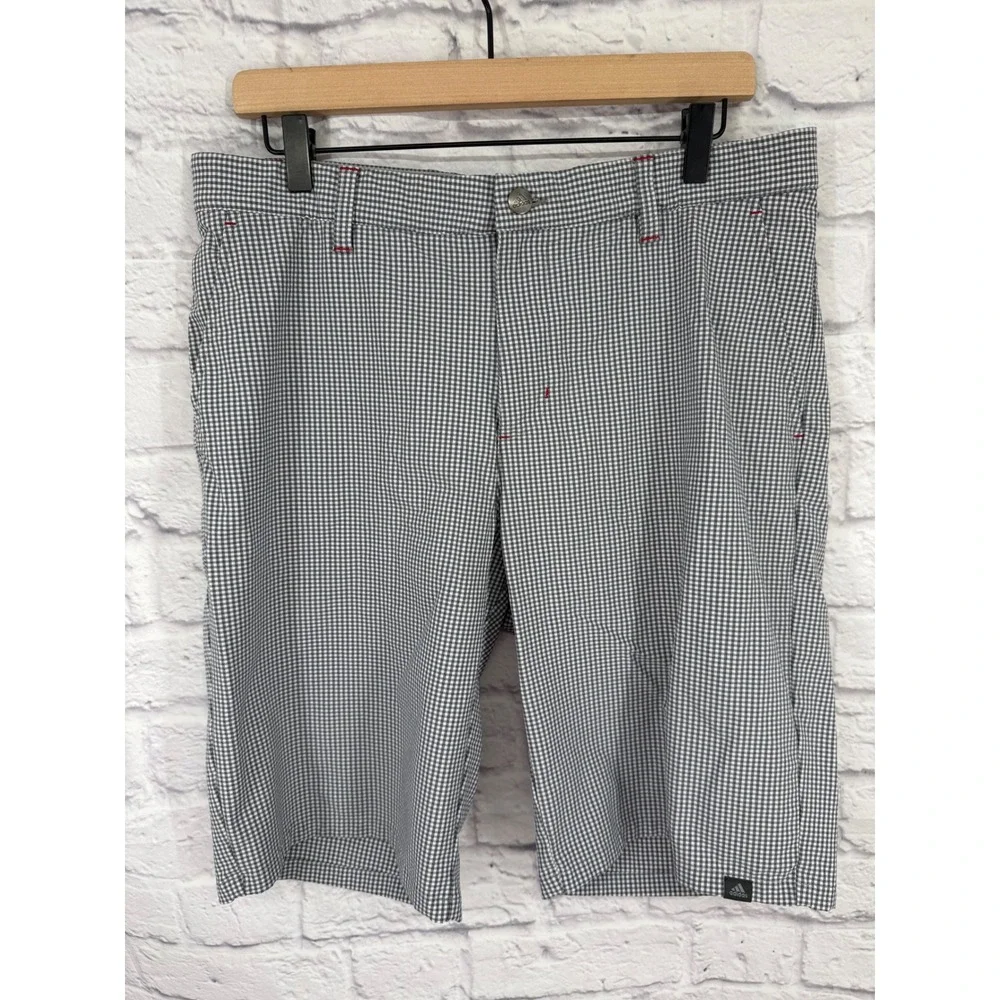 Adidas Mens Gingham Golf Shorts Gray White Checkered Red Trim Size 34 Performanc